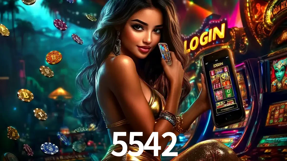 Mulher em um cenário de cassino temático de aventura, mostrando o app de caça-níqueis da 5542 no celular. Fichas de apostas flutuam ao redor.