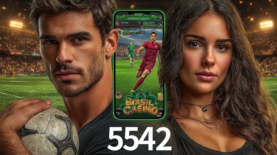 Homem segurando uma bola de futebol e uma mulher ao lado de um smartphone exibindo o jogo de apostas esportivas da 5542. Faça seu palpite no cassino online.